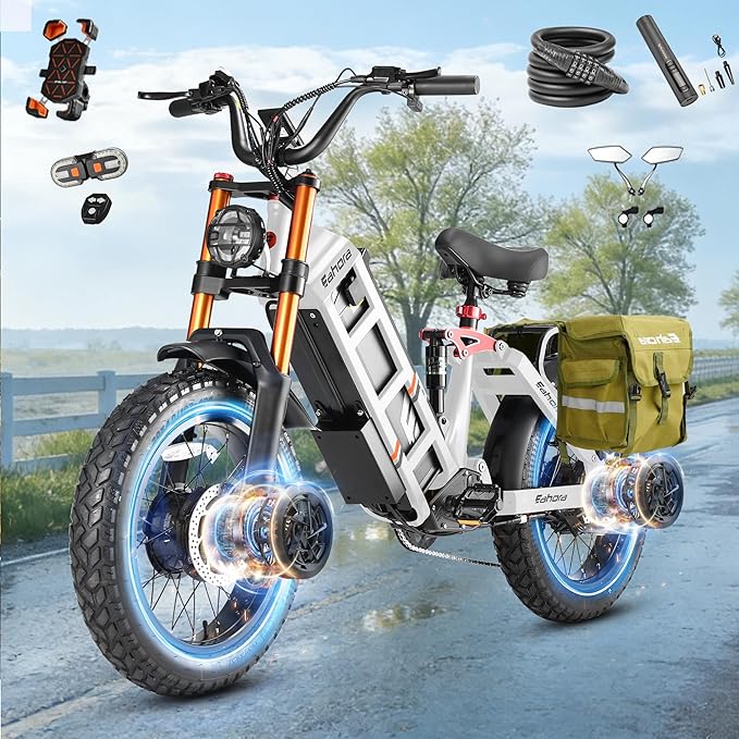 eAhora Juliet Pro 2/Juliet Electric Bike for Adults 5400W/1200W Dual Motor Electric Bicycle 43MPH 60V 70Ah 220+Miles Long Range 20" Fat Tire Full Suspension Mountain E-Bike with APP Control