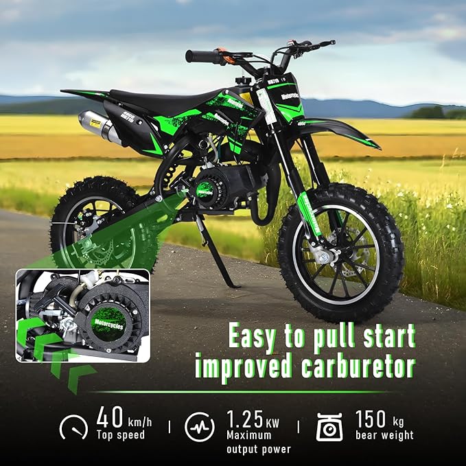 cdar Kids Dirt Bike, 49cc Gas Dirt Bike for Teens - 25MPH 2-Stroke Pit Bike with Hydraulic Disc Brakes & 10" Off-Road Tires Ages 13+ Max180lb Load Christmas for Boys Girl Green