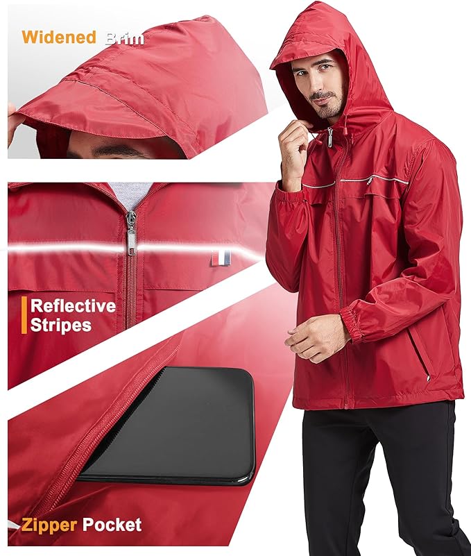 GEEK LIGHTING Rain Jacket Men Lightweight Waterproof Jackets Packable Windbreaker Hooded Raincoat for Golf Cycling Outdoor