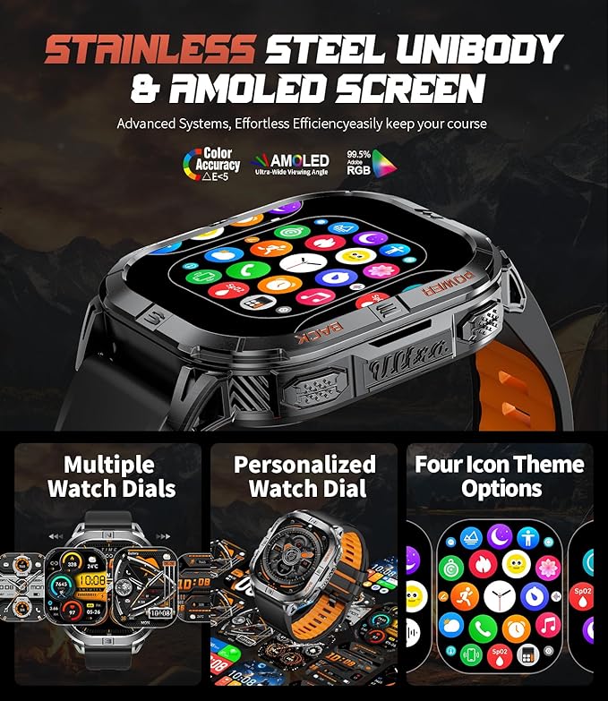 LIGE DM6 GPS Military Smart Watch for Men, 2.13'' AMOLED Always on Display Fitness Tracker, LED Flashlight/Compass/IP68 Waterproof Smartwatch, 170+ Sports Smartwatches for Android iOS, Black-Orange