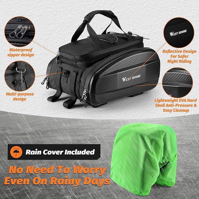 West Biking Waterproof Hard Shell Bike Rear Rack Bag 31L Capacity EVA Bicycle Trunk Pannier Bag for Commuting Touring Mountain Road E-Bike with Rain Cover (Black-3: 31L capacity)