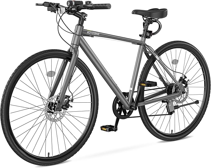 MOPHOTO Hybrid Bike for Adults, 700C City Commuter Bicycle, Lightweight Aluminum Frame, 8-Speed Urban Fitness Bike for Men&Women, Dual Disc Brakes, Upright Flat Handlebar, LED Headlight & Reflectors