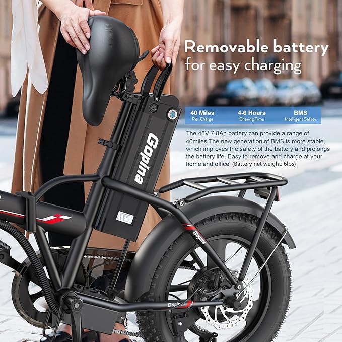 Vivi Gopina Electric Bike, 16" x 3.0 Fat Tire Electric Bike, Peak 500W Step Thru Electric Bicycle, 48V Removable Battery, Up to 40 Miles, LCD Display, 20mph, 7 Speed, SGS Certified to UL2849