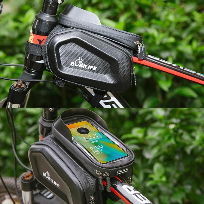 Bike Frame Tube Bag with Touchable Phone Holder - Bicycle Waterproof Two Sides Twins Handlebar Front Bag with Large Capacity Pouch Storage with Cell Phone Mount for Galaxy Phone and iPhone Below 7.2”
