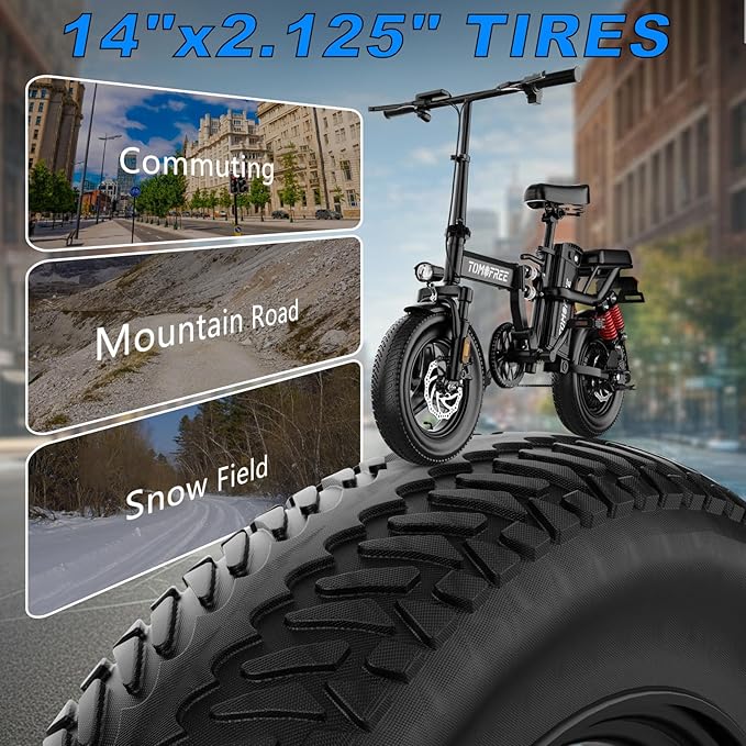 Tomofree T0 Electric Bike for Adults and Teens with 750W Peak Motor, 14" Commuter E-Bike, 24MPH, 40 Miles PAS Range, Folding Ebike with Full Suspension and Removable 48V 20AH Battery (T0)