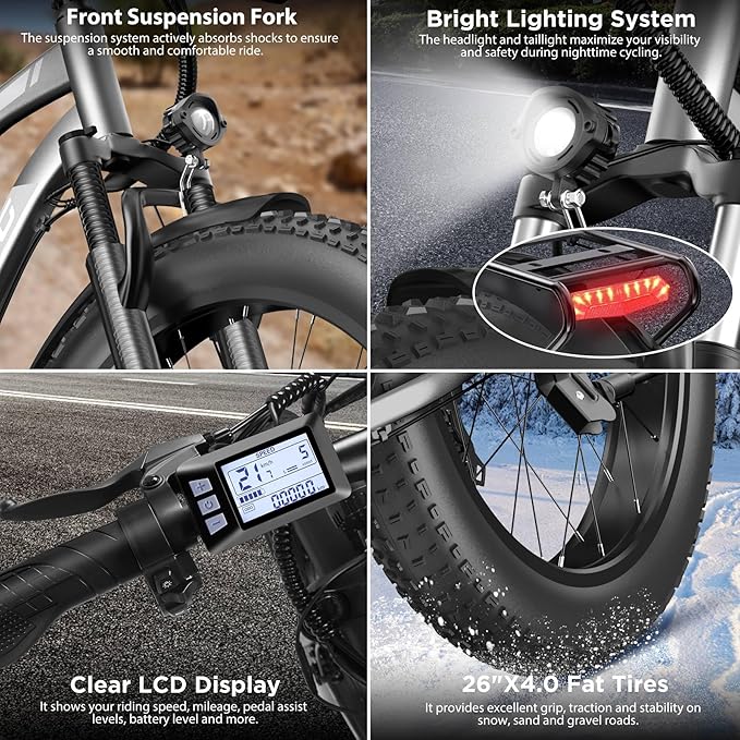 Electric Bike for Adults, 1000W Peak Ebike, 25MPH 60Miles Electric Mountain Bike, 26" Fat Tire Electric Bicycle with 48V 13AH Battery, Front Suspension,7 Speed, Rear Rack, UL 2849 Certified