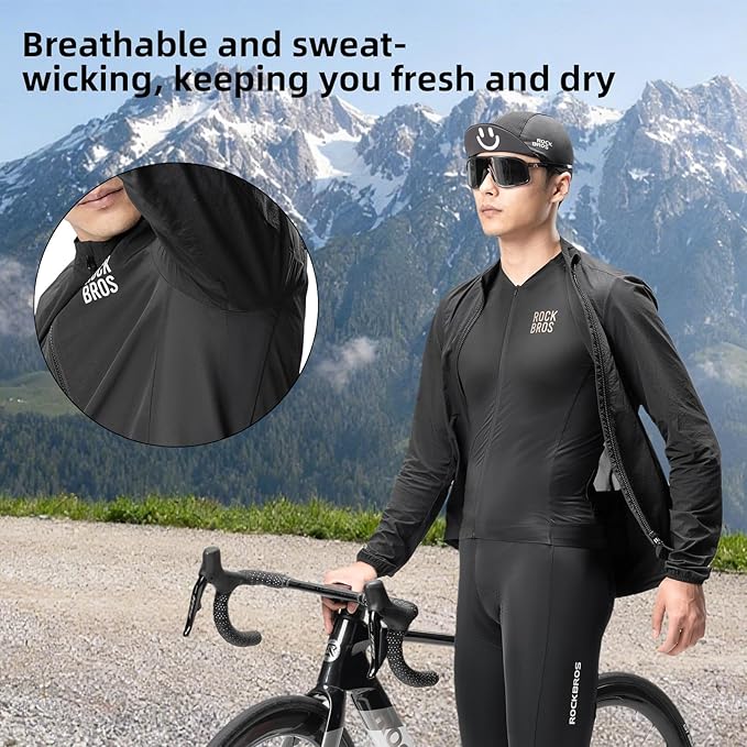 ROCKBROS Cycling Jackets for Men Breathable and Cooling Lightweight Long Sleeve Cycling Jersey Running Windbreaker