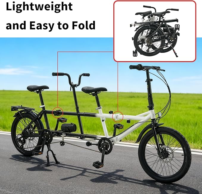 Folding Tandem Bike,20 Inch 7-Speed Two Person Bicycle, High Carbon Steel City Beach Cruiser with Dual Disc Brakes, Adjustable Seat Height, Portable 2-Seater Bike for Travel