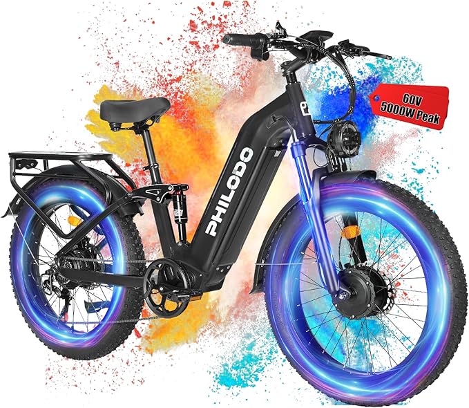 PHILODO Electric-Bike for Adults, Dual-Motor-Ebike Hunting-Ebike 5000W, 60V 32AH Long Range Dirtbike, Fat-Tire-Electric-Bicycle, Full Suspension for Off-Road Snow Sand
