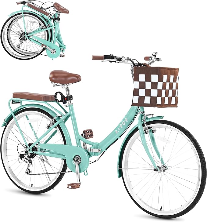 Foldable Beach Cruiser Bike for Women, 26 Inch Womens Bike with Basket, 7 Speed Commute Bike Adult Bicycles for Women, High-Carbon Steel/Front & Rear Fenders