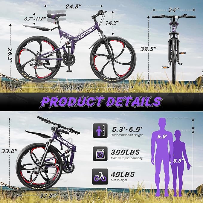 26" Foldable MTB – 21-Speed Full Suspension, High-Carbon Steel Frame, Dual Disc Brakes & Quick-Release Tires – Adults & Teens (Multiple Colors)