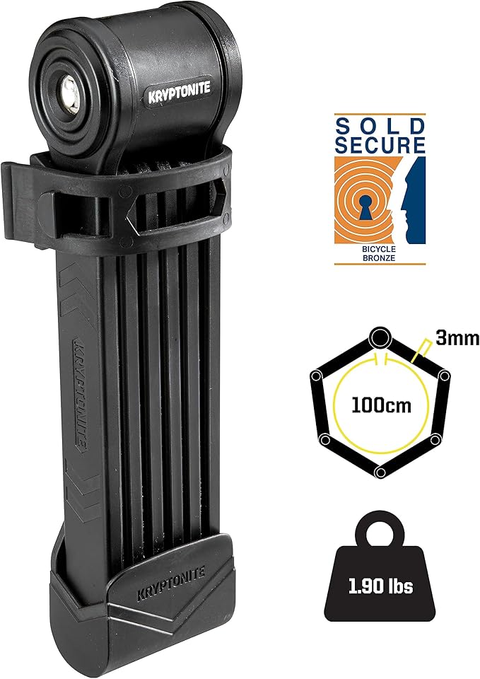 Kryptonite Keeper Folding Bike Lock, 2.75FT/3.25 FT Long Compact Lightweight High Security Anti-Theft Foldable Bicycle Lock with 2 Keys and Mount for E-Bikes Scooter Road Mountain Bike