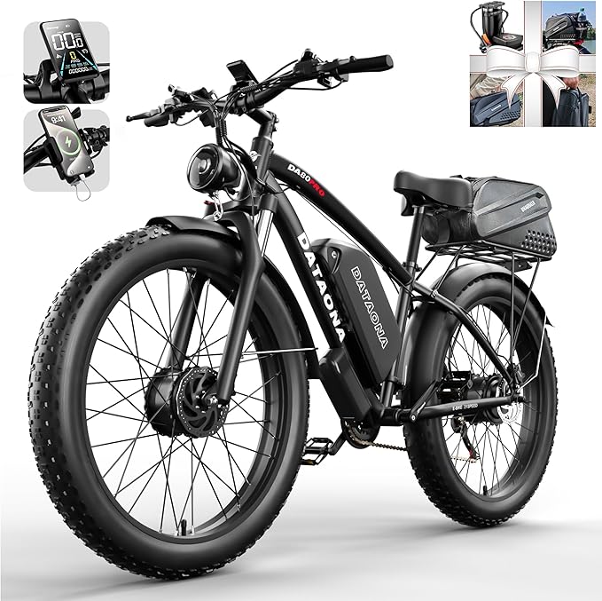 DATAONA 6500W Dual Motor Ebike for Adults Men 20MPH - Fast Electric Bike with 52V 32Ah Battery Up to 100 Miles, Lockable Suspension 24" Fat Tire Electric Bicycle for Off-Road Mountain Snow Commuter UL