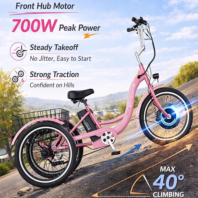 MOONCOOL MONCOOL Adult Electric Tricycle, 350W Front Drive Motor (Peak 700W), 15.5MPH E-Trike with Removable 36V 14.5Ah Battery, 60 Miles Range, 24/26 Inch 7-Speed 3 Wheel Electric Bike, Large Basket