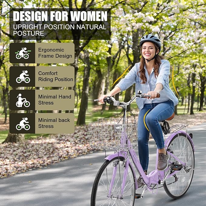Foldable Cruiser Bike 7-Speed Cruiser Bike 26Inch Women Bicycle with Ergonomic Upright Frame, Effortless 7-Speed Shifting and Lightweight Design for Adult Men and Women