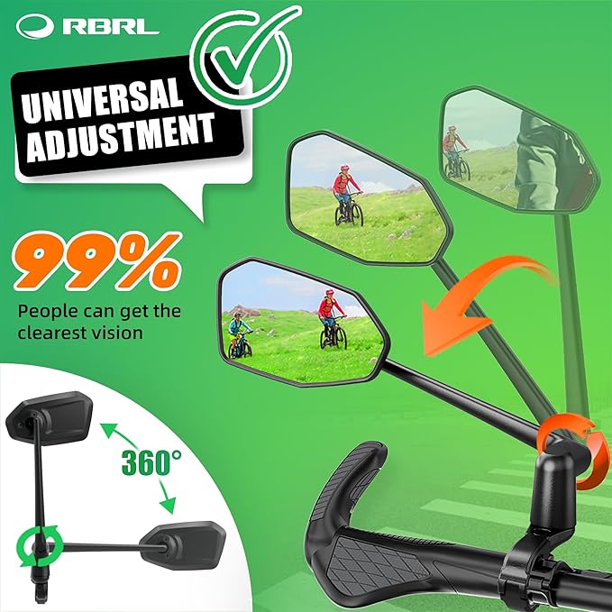 RBRL Bike Mirror, Aluminum Alloy Bike Mirror Handlebar Mount, Anti-shake & Break-proof, Foldable HD Real Glass Rotatable Ebike Accessories, Bike Rear View Mirror for Ebike Scooter (Set)