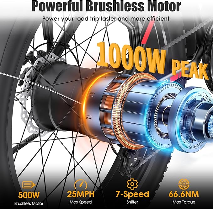 Electric Bike for Adults, 1000W Peak 25MPH 60Miles Ebike,48V 13AH Battery Electric Mountain Bike, 26" x 4'' Fat Tire Electric Bicycle with Rear Rack, Fenders, 7 Speed, UL 2849 Certified