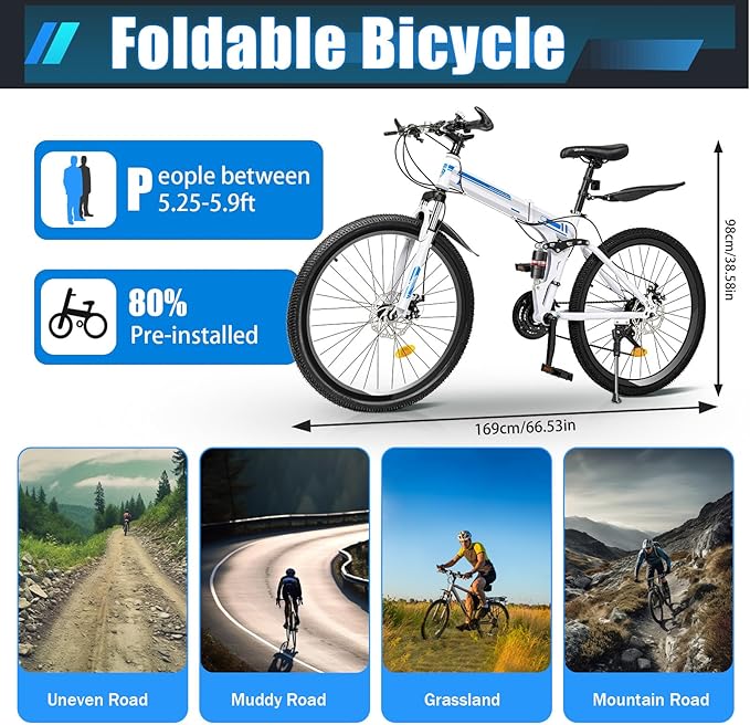 26" Folding City Bike Bicycle, 21-Speed Folding Bicycle for Adult, Camping Bicycle, Height Adjustable Folding Bike,with Mudguard, Mountain Bicycle for Roadways, Mountains, Racing, Blue&White