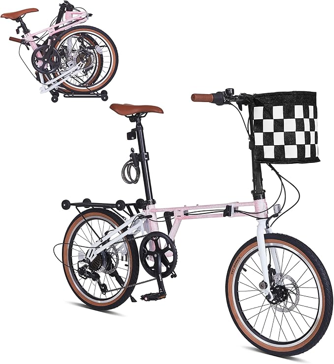 20 inch Folding Bike for Adults, 7-Speed Commuter Bike for Women Men, Foldable Bicycle Extra Light with Basket/Adjustable Seat,Front & Rear Disc Brakes Compact Urban Bikes for City Commuting