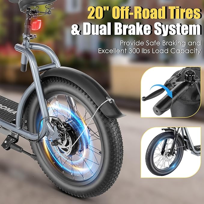 Caroma Electric Scooter with Seat for Adults, 800W Peak Motor, 20MPH & 30Miles Long Range, 20" Fat Tire Commuter E-Scooter with Basket for Grocery, Pets, and Daily Commute