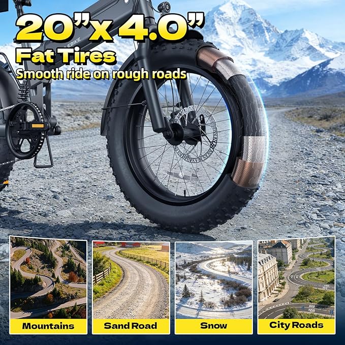 Folding Electric Bike for Adults Commuter, Peak 1000W Motor up to 25MPH, Built-in 36V Removable Battery，20" x 4.0" Fat Tire All-Terrain E-Bike, Dual Shock Absorber, APP & LCD, UL2849 Certified