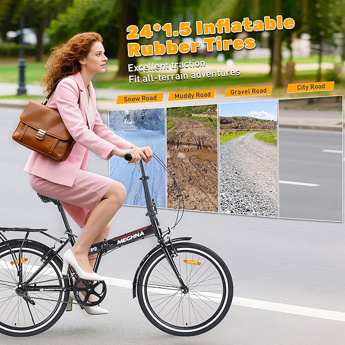 24" Folding City Bikes Steel Frame 7 Speed Folding Bikes,Lightweight Folding Bikes，Folding Commuter Bike for Adults/Men/Student，Bike with Rear Rack，Adjustable Stem，3 Colors