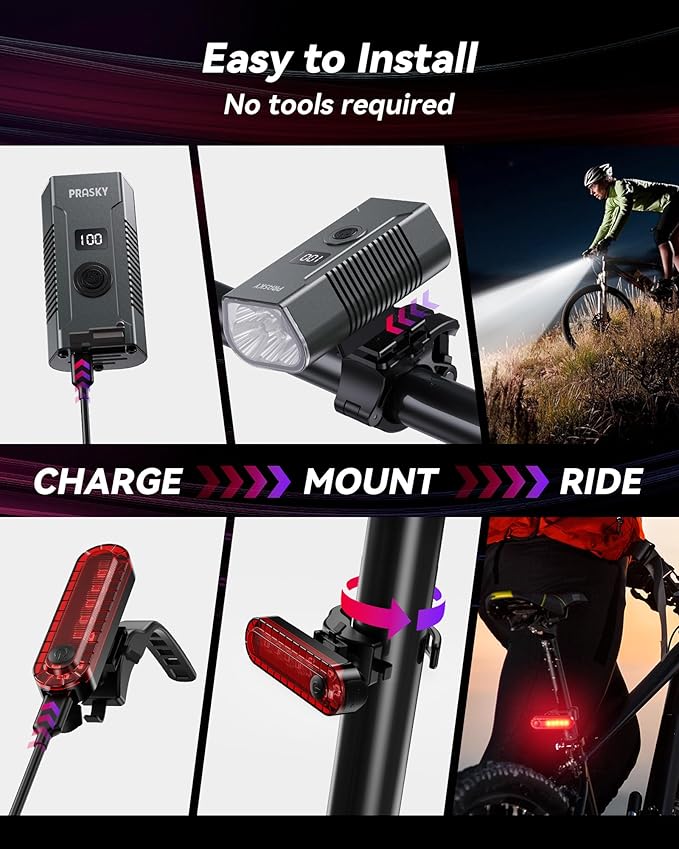 Bike Lights for Night Riding, USB Rechargeable Mountain Bicycle Headlight, Super Bright, Waterproof, 6+4 Light Modes Bike Light Set for Cyclists and Commuters
