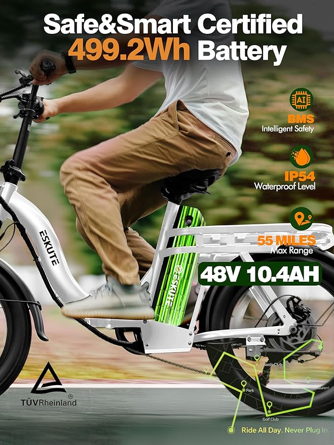 1200W Peak Folding Electric Bike for Adults, 28MPH 48V 10.4Ah Removable Battery, 55-Mile Range, 20"x3" Fat Tire, Step-Thru Ebike with Basket 7-Speed – Commuter E-Bike