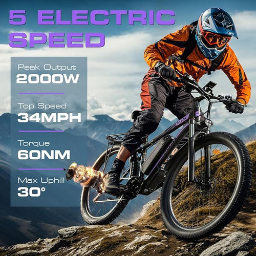 2000W Electric Bike for Men Women 48V 17.5Ah Battery, 29'' Fast Ebike,Max 34 Mph to 80 Miles, Front Suspension Class 3, Snow Off Road Commuter Mountain E-Bike for Adults