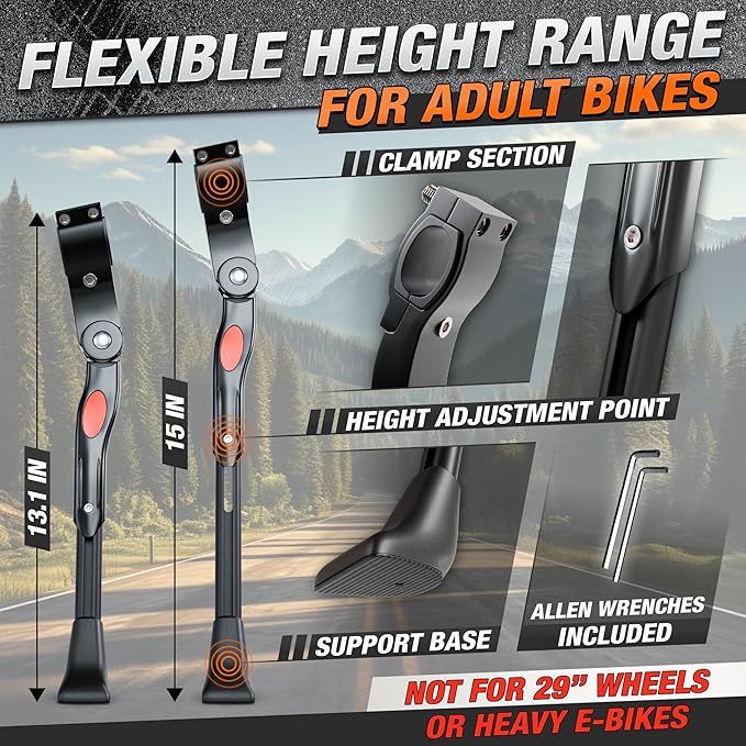 Adjustable Bike Kickstand for Adult Bike – Fits 22" 24" 26" Wheels, Aluminum Alloy, Easy to Install, Non-Slip Foot for Stability on Mountain, Road, Hybrid, Commuter Bikes, Daily & Long-Distance Rides