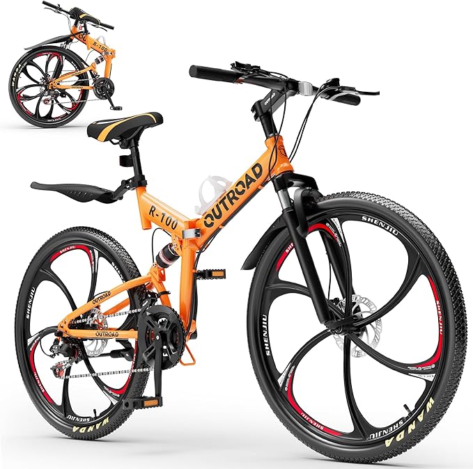 26 Inch Adult Folding Mountain Bike, 21 Speed Foldable Bicycle with Full Suspension, High Carbon Steel Frame, Folding Bikes for Men/Women/Teen, Dual Disc Brake