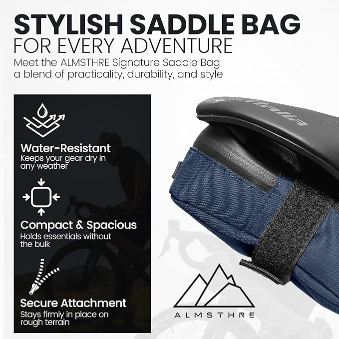 ALMSTHRE Signature Bike Saddle Bag – Cosmic Blue | 0.5L Bike Seat Bag (3" x 5.25" x 2") | Water-Resistant Ripstop, Waterproof Zipper, Internal Pocket | Durable Under Seat Storage