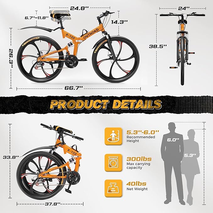 26 Inch Adult Folding Bikes/Mountain Bikes, 21 Speeds Mountain Bicycles with Full Suspension, Dual Disc Brake, High Carbon Steel Frame, Foldable Bike for Men/Women/Teen, Multiple Colors