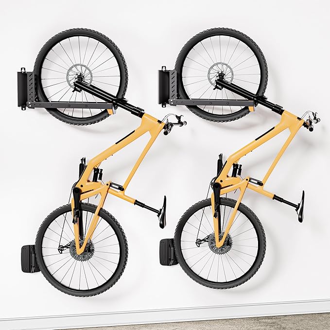 2 Pack Bike Wall Mount, Swivel Vertical No-Lift Bicycle Rack for Garage & Apartment Storage, 4 Sizes Adjustable Bike Wall Hanger Holds 77lbs, eBike MTB Road Bike Space-Saving Organizer