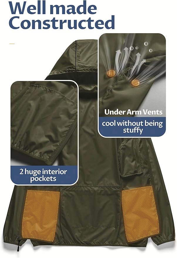 CREATMO US Men's Packable Waterproof Running Rain Coats Reflective Cycling Jacket Windbreaker With Removable Hood