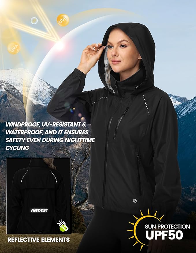 Nepest Womens Cycling Rain Jackets Lightweight Waterproof Biking Running Windbreaker UPF 50+ Reflective Packable Hooded