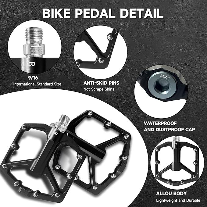 Mountain Bike/MTB Pedals Bicycle Platform Pedals Axle 9/16 inch Sealed Bearing Super Anti-Slip Aluminum Alloy with Cr-Mo Steel Axle for Road Bike/MTB/BMX/Gravel Bike/City Bike/E-Bike