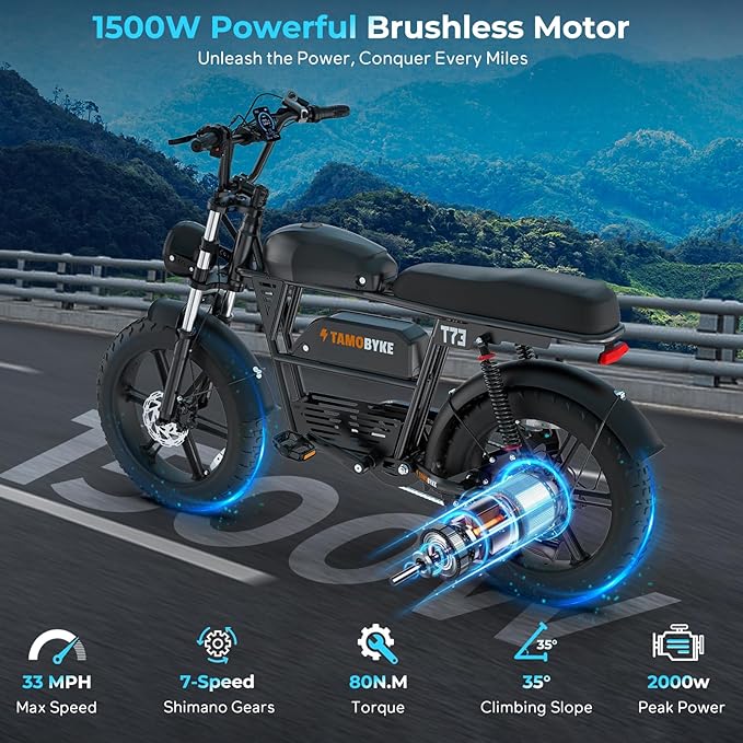 T73 Series Electric Bike for Adults,1000W/1500W/3000W Motor,30/33/37.5MPH 34-120 Miles,48V15.6/41.6 AH Electric Bikes,20 * 4 Fat Tire Ebike Hydraulic Brake Full Suspension Off-Road Riding