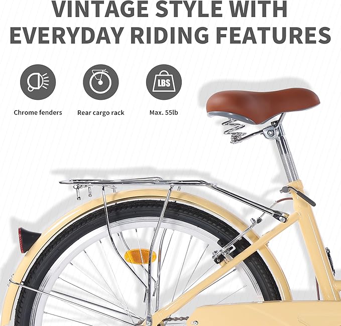 Adult Comfort Bike for Women, 24/26 Inch Women' Commuter Bicycle Single Speed with Rear Rack and Basket, Comfortable City Bikes Ergonomic Upright Design for Women, Men and Teens
