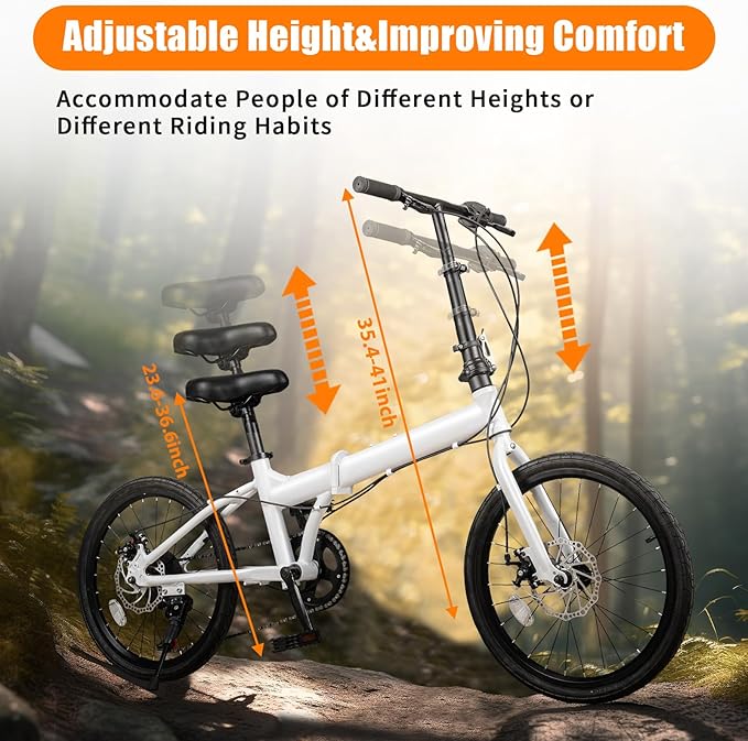 20-Inch Folding Bike, Foldable Bike for Adults Adjustable Seat Height & Elevable Handlebars Store in The Trunk 7-Gear Transmission Front and Rear Disc Brakes for Traveling