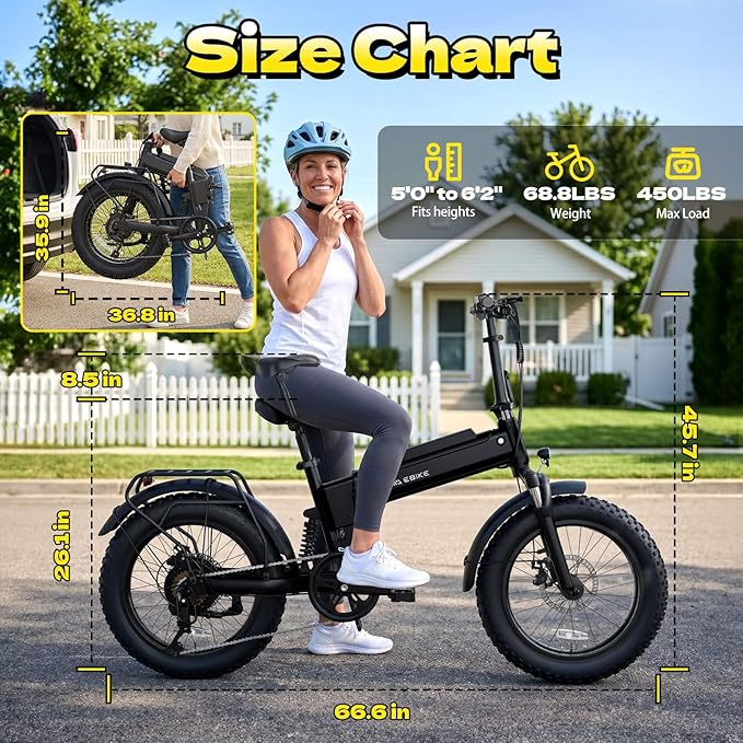 Folding Electric Bike for Adults Commuter, Peak 1000W Motor up to 25MPH, Built-in 36V Removable Battery，20" x 4.0" Fat Tire All-Terrain E-Bike, Dual Shock Absorber, APP & LCD, UL2849 Certified