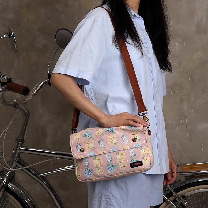 TOURBON Bike Bag Waxed Canvas Bicycle Handlebar Bag Zipper Closure Pouch Crossbar Front Frame Basket Cycling Saddebag Under Seat Strap-on Rear Rack Pannier (Pink with Flower)