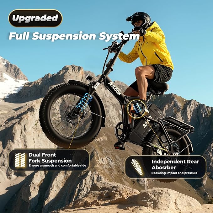 Foldable Electric Bike for Adults, 30+MPH, 48V 20Ah Removable Lithium Battery up to 80Miles, 20" Fat Tire 1000W Peak Motor Dirt Ebike Adult Electric Bicycle for Commute Beach Mountain E Bike