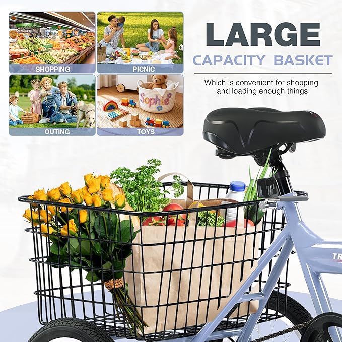 14 inch Folding Tricycle Dual Disc Brake Three Wheel Cruiser Bike Large Capacity for Adult