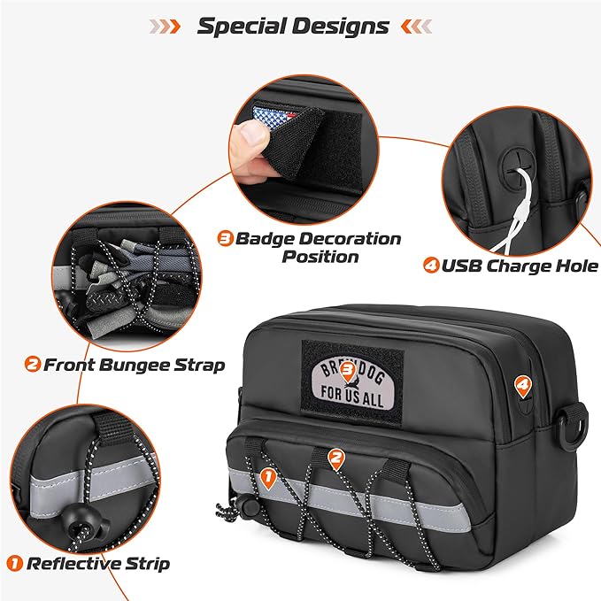 Double-Layer Motorcycle Handlebar Bag, Waterproof Bicycle w/ USB Charge Hole & Shoulder Strap, Motorbike Storage Accessory Pouch for Cruiser Softail Dyna Sportsters (HD03301)