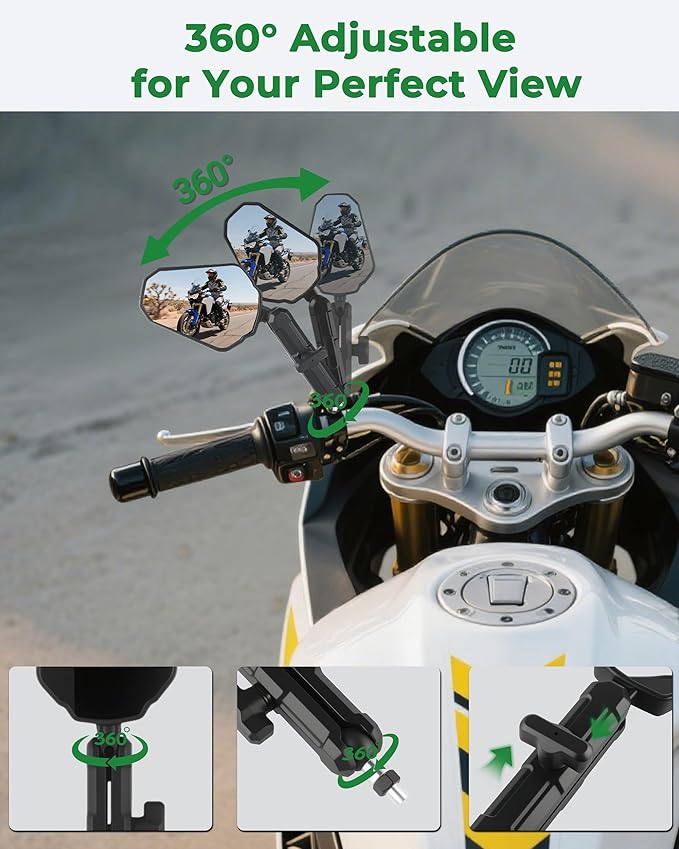 Adventure Motorcycle Mirrors, VOUTRAK Universal Convex Rear View Mirror, M8 M10 Bolt & 7/8" Handlebar Mount, Foldable, Ball Joint, 360° Adjustable, Anti-Vibration for Dirt Bike, ATV, Scooter, Ebike
