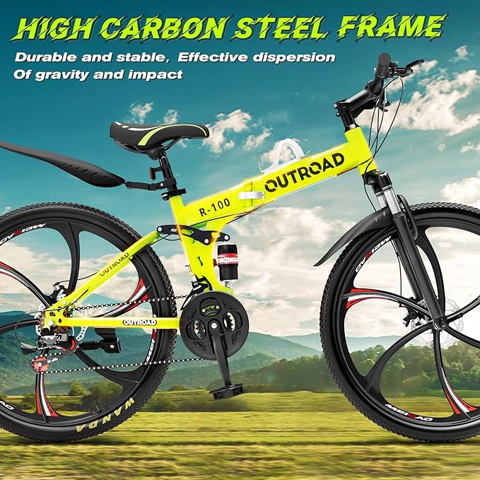 Betterland 26 Inch Folding Mountain Bike, 21 Speeds Full Suspension Foldable Bikes, Dual Disc Brake, High Carbon Steel Frame and Non-Slip Quick Release tire Bicycle for Adult (LH-Green)