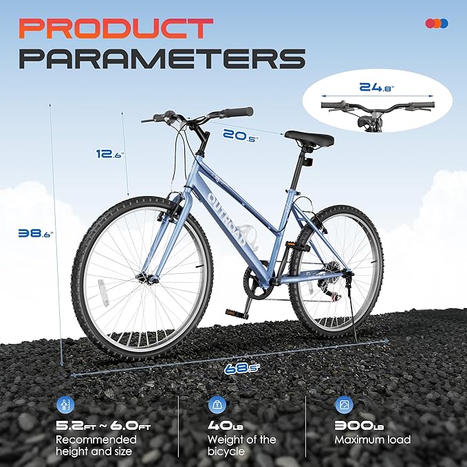 26 inch 7-Speed Commuter Bicycle,Hybrid Bicycle,Men's Cruiser Bike/Mountain Bike V Brake,Metal Frame, Adult Bike (Black, White, Blue, Green, Purple, Pink)
