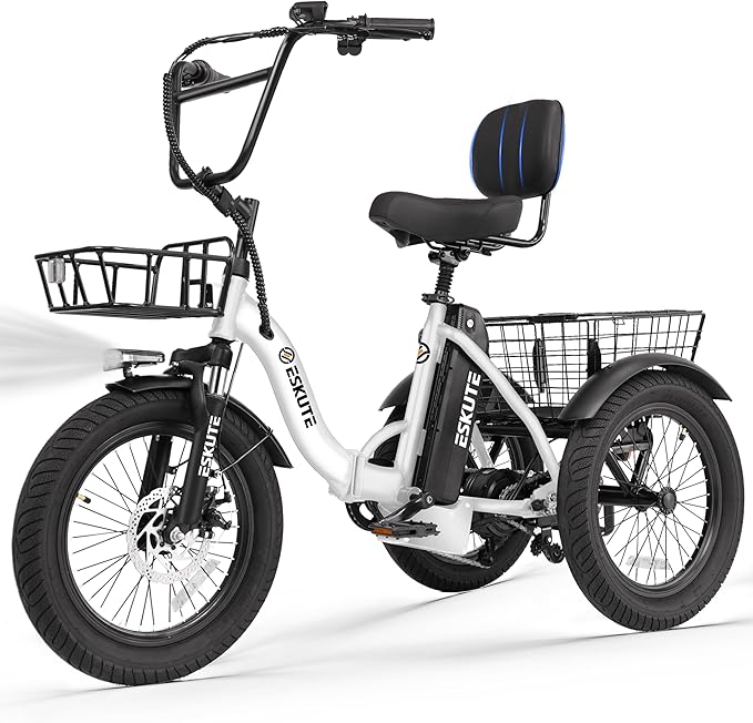 ESKUTE E Trike Electric Bike, Peak 1200W Brushless Motor Folding Trike 18X3.0 Fat Tire Ebike, 624Wh Removable Battery, Step-Thru 3 Wheel Electric Bicycle, Up to 55 Miles, 18MPH+ Tricycle for Adults