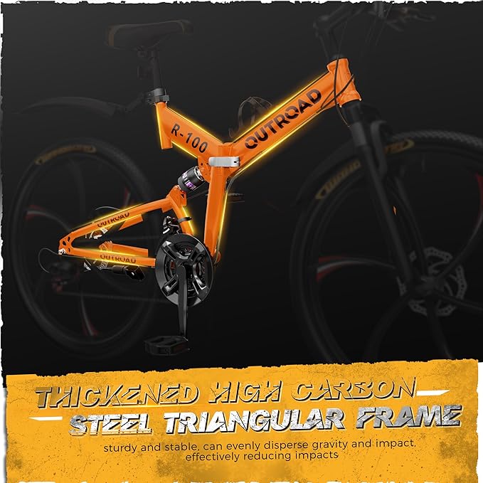 Betterland 26 Inch Mountain Bike, 21 Speeds Full Suspension Folding Bikes, Dual Disc Brake, High Carbon Steel Frame and Non-Slip Quick Release tire Bicycle for Adult